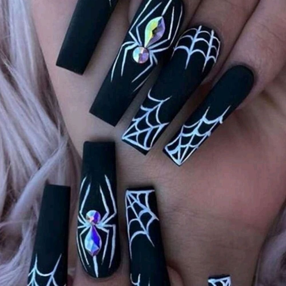 Rhinestone Black Spider Coffin Fake Nail Set of 24